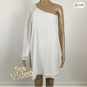 👛 2/$30 VERA MODA Lined White Cold Shoulder Dress, Bell Sleeve